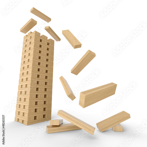 Illustration: Holzturm aus Bauklötzen in Bewegung Holzturm aus Bauklötzen in Bewegung