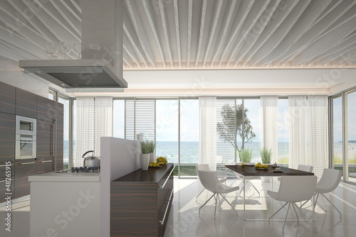 Illustration: modern dining room interior with sea / ocean view modern dining room interior with sea / ocean view