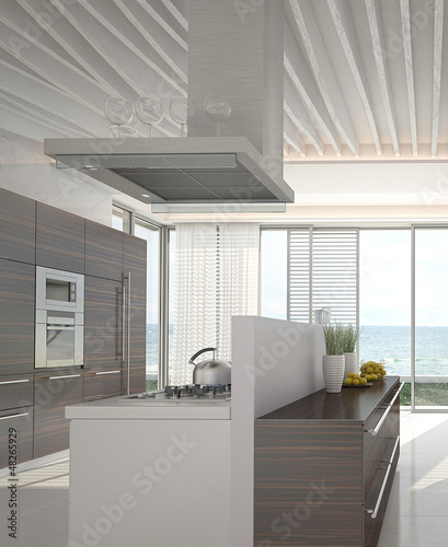 Illustration: Modern kitchen interior with sea / ocean view Modern kitchen interior with sea / ocean view