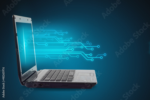 Illustration: Laptop computer with electronic circuit board processor Laptop computer with electronic circuit board processor