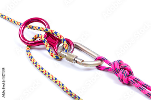 Photo: Climbing equipment - rope, carabiner, figure eight Climbing equipment - rope, carabiner, figure eight