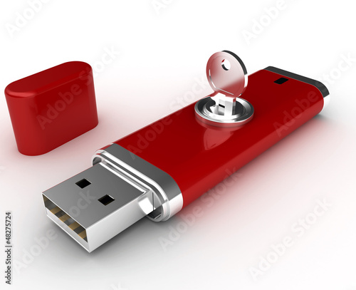 Illustration: Data security. Information protection. Usb flash memory and key Data security. Information protection. Usb flash memory and key