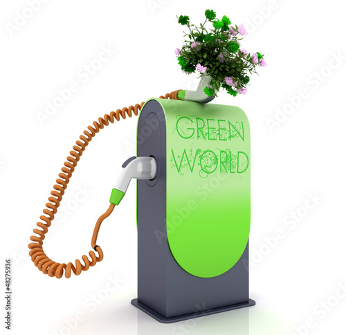 Illustration: Biofuel green fuel pump nozzle, green world concept Biofuel green fuel pump nozzle, green world concept