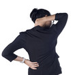Photo: Business woman with back pain isolated white background Business woman with back pain isolated white background
