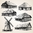 Drawings of old wooden buildings