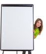 child happy girl with blank flip chart white copy space