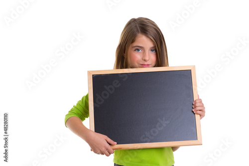 Photo: child girl with white frame copy space black blackboard child girl with white frame copy space black blackboard