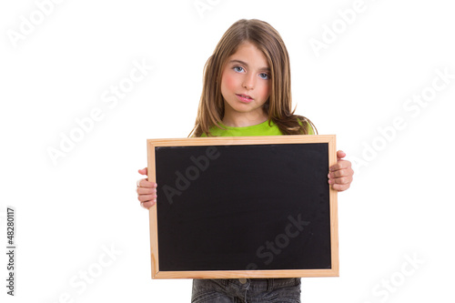 Photo: child girl with white frame copy space black blackboard child girl with white frame copy space black blackboard