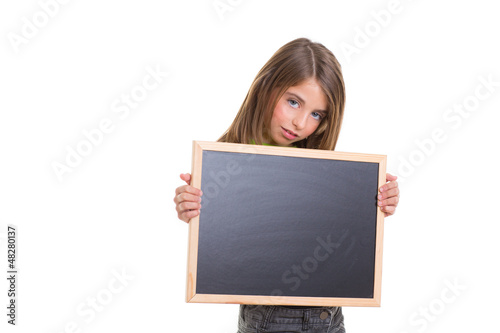 Photo: child girl with white frame copy space black blackboard child girl with white frame copy space black blackboard
