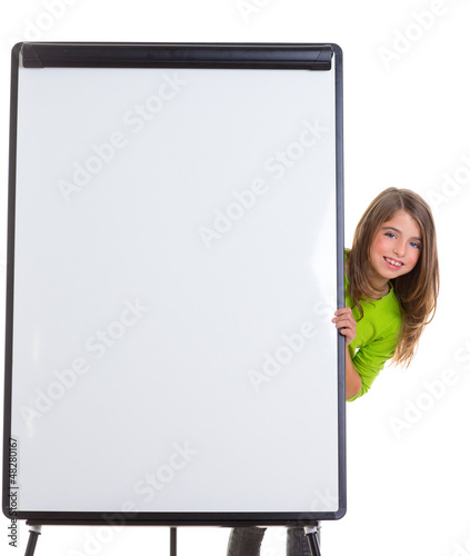Photo: child happy girl with blank flip chart white copy space child happy girl with blank flip chart white copy space