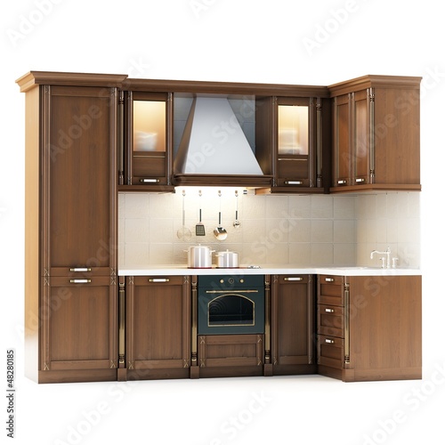 Illustration: Classic Wooden Kitchen Isolated On White Classic Wooden Kitchen Isolated On White