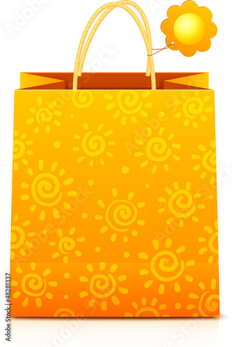 Vector: Orange paper shopping bag with sunny pattern and sun label Orange paper shopping bag with sunny pattern and sun label