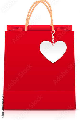 Vector: Red paper shopping bag with white paper heart label Red paper shopping bag with white paper heart label