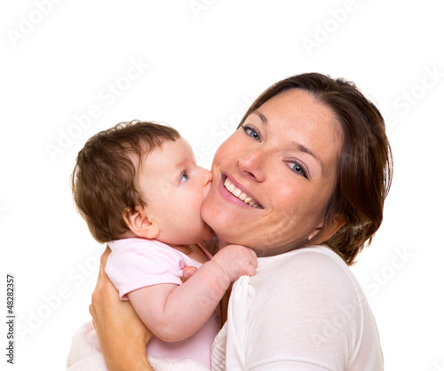 Photo: Baby girl hungry eating mother face hug Baby girl hungry eating mother face hug