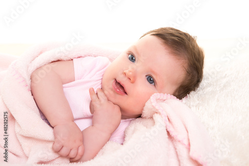 Photo: baby girl smiling dress in pink with white fur baby girl smiling dress in pink with white fur