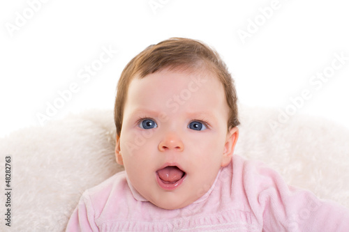 Photo: baby girl open mouth funny gesture in pink baby girl open mouth funny gesture in pink