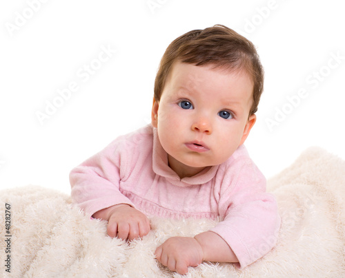 Photo: baby girl smiling in pink with winter white fur blanket baby girl smiling in pink with winter white fur blanket