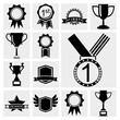 Vector black trophy cup and awards icons black set.