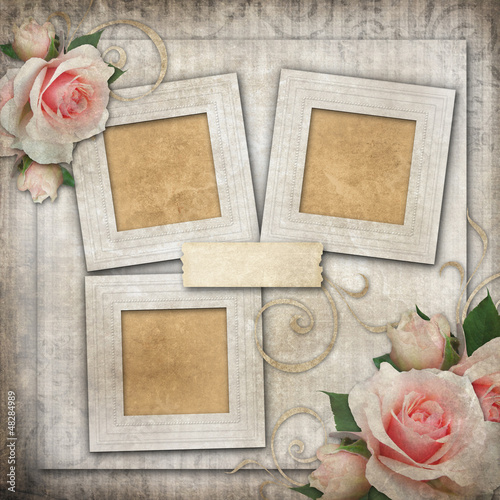 Illustration: Grunge background with frames and roses Grunge background with frames and roses