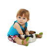 cute little boy with casserole, isolated on white