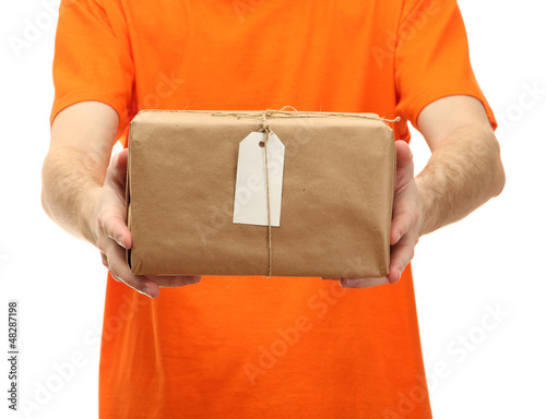Photo: courier with parcel box, isolated on white courier with parcel box, isolated on white