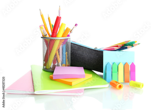 Photo: pencil box with school equipment isolated on white pencil box with school equipment isolated on white