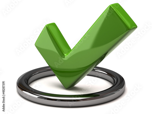 Illustration: Tick icon - green tick mark in silver circle, 3d Tick icon - green tick mark in silver circle, 3d