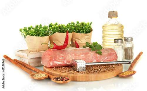 Photo: composition of raw meat, vegetables and spices isolated on composition of raw meat, vegetables and spices isolated on