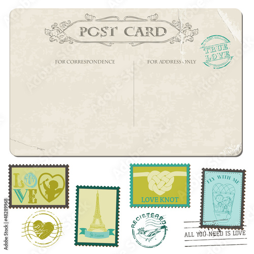 Vector: Vintage Love Postcard and Postage Stamps-for wedding design Vintage Love Postcard and Postage Stamps-for wedding design