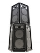 Large audio tower speakers on a white background