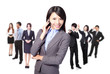 Smiling call center executive with colleagues
