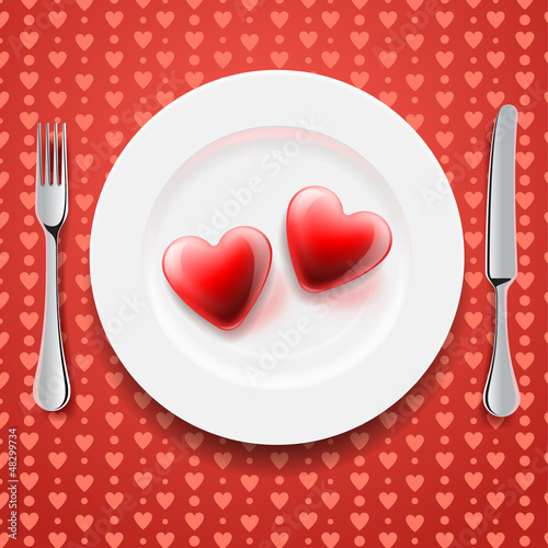 Vector: Red hearts on a plate, knife and fork, vector Eps10 image Red hearts on a plate, knife and fork, vector Eps10 image
