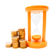 Gold coins and sand-glass. On a white background.