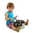cute little boy with kitchen accessories, isolated on white