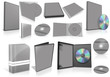 Grey multimedia disks and boxes on white