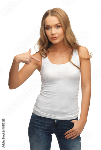 Photo: calm and serious woman in blank white t-shirt calm and serious woman in blank white t-shirt