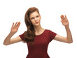 girl in red dress working with something imaginary