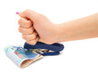 Stapler, money and a hand. On a white background.