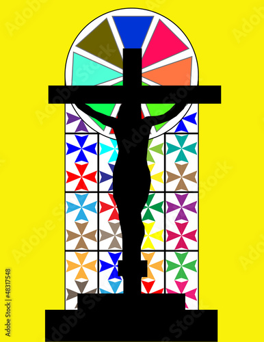 Vector: Black Cross on The Colorful Cristal Wall in Temple Black Cross on The Colorful Cristal Wall in Temple
