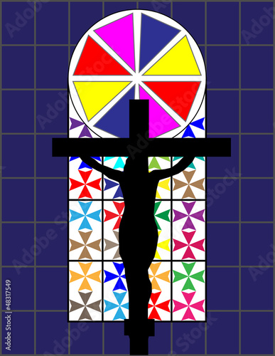 Vector: Black Cross on The Colorful Cristal Wall in The Temple Black Cross on The Colorful Cristal Wall in The Temple