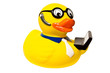 toy duck with laptop and headset