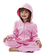 little girl wearing a pink jacket with hood on white background