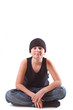 boy in a black T-shirt and a black hat
