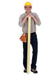 Carpenter stood with plank of wood