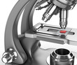Illustration: Microscope with a blood sample on a glass slide. 3d image Microscope with a blood sample on a glass slide. 3d image
