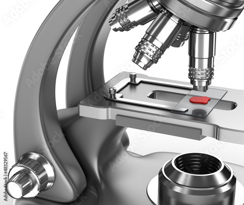 Illustration: Microscope with a blood sample on a glass slide. 3d image Microscope with a blood sample on a glass slide. 3d image