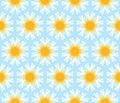 Illustration: Seamless pattern with abstract flowers and stars in blue, creme, Seamless pattern with abstract flowers and stars in blue, creme,