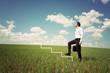 businessman in white shirt walks up the ladder