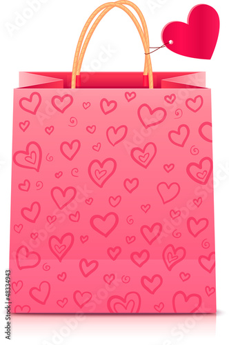 Vector: Valentines day rose paper shopping bag with heart pattern Valentines day rose paper shopping bag with heart pattern