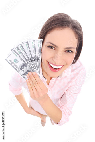 Photo: Woman holding dollar bills Woman holding dollar bills